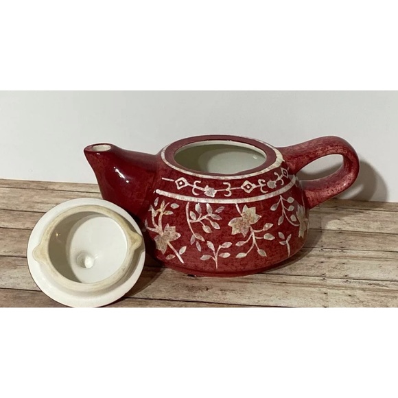 💥HOST PICK💥Hand Painted Squat 3 3/4” Tea Pot+Lid - Red Brown/Tan ~Some Crazing - Picture 5 of 11